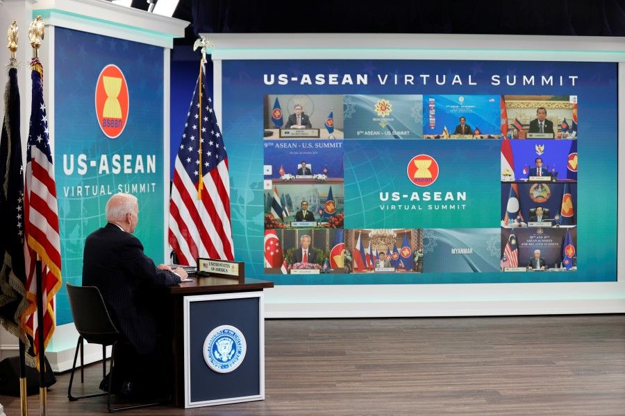 US President Joe Biden participates virtually in the ASEAN summit from an auditorium at the White House in Washington, US, 26 October 2021. (Jonathan Ernst/Reuters)