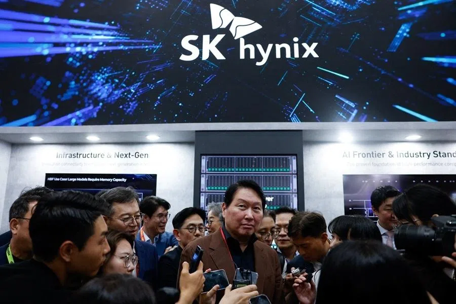 SK Group Chairman Chey Tae-won answers questions from members of the media at the SK Hynix booth during the annual Computex exhibition in Taipei, Taiwan, on 2 June 2026.