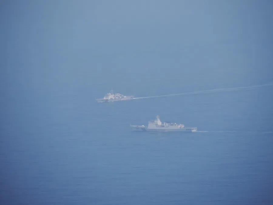 Chinese coastguard vessels are pictured while navigating at an undisclosed location in waters around Taiwan in this handout image taken on 23 May 2024, released on 24 May 2024. (Taiwan Ministry of National Defense/Handout via Reuters)