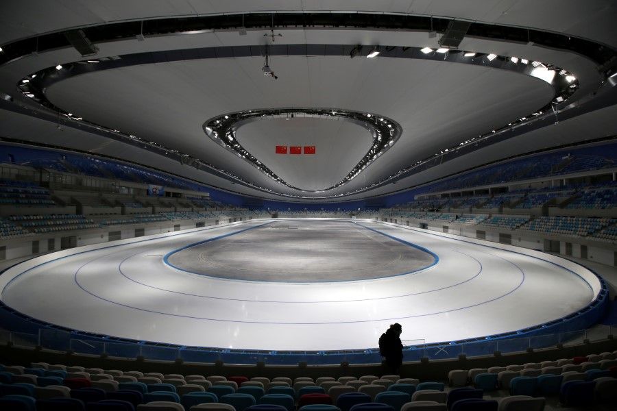 The National Speed Skating Oval, a venue of the 2022 Winter Olympic Games, is seen during an organised media tour in Beijing, China, 22 January 2021. (Tingshu Wang/Reuters)