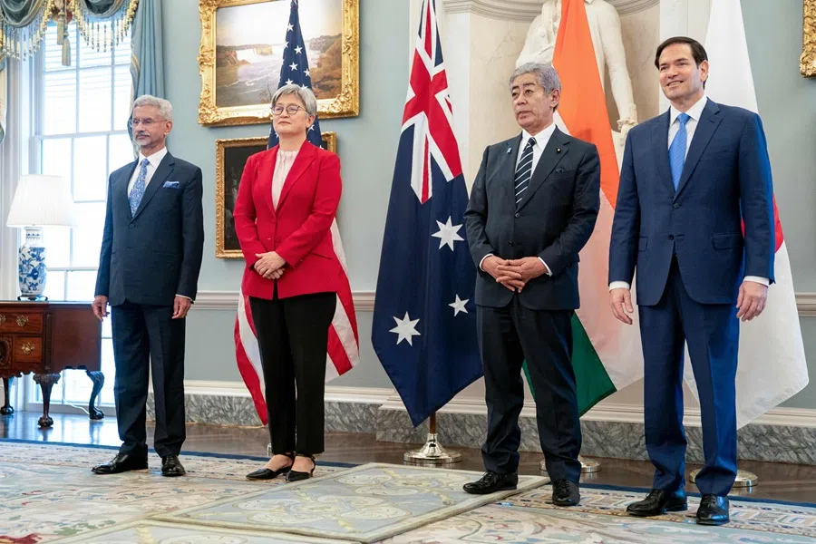 US Secretary of State Marco Rubio (R) poses for a group picture at a press conference with the the Indo-Pacific Quad alongside Australia’s Foreign Minister Penny Wong (2nd-L), Japanese Foreign Minister Takeshi Iwaya (2nd-R) and Indian External Affairs Minister Subrahmanyam Jaishankar at the State Department in Washington, DC, on 1 July 2025. (Allison Robbert/AFP)