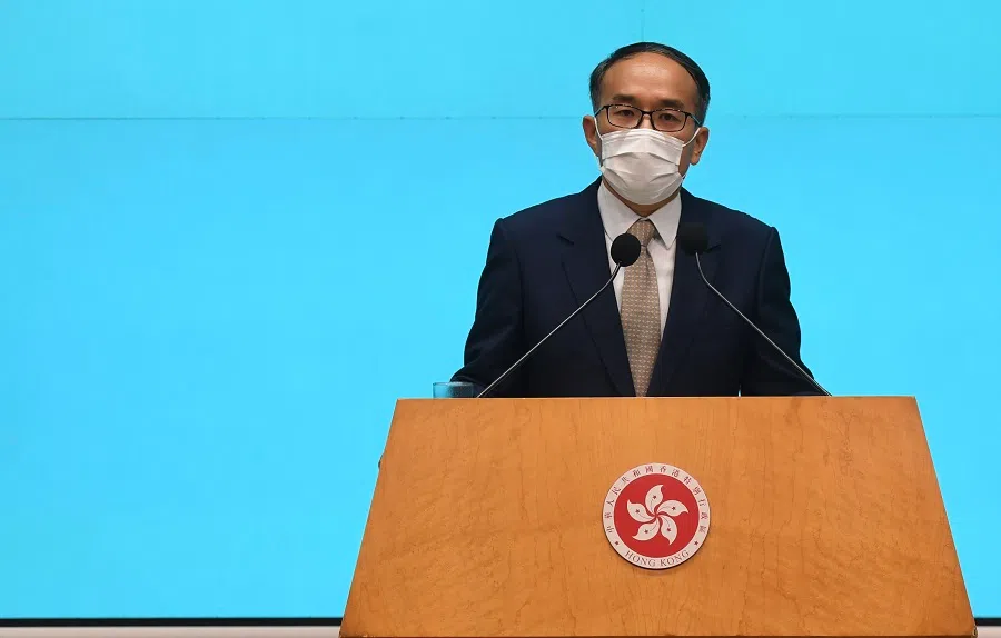Christopher Hui Ching-yu would succeed James Lau as secretary for financial services and the treasury bureau. Hui is also member of the Democratic Alliance for the Betterment and Progress of Hong Kong. He is seen speaking at a press conference in this photo taken on 22 April 2020. (HKCNA/CNS)