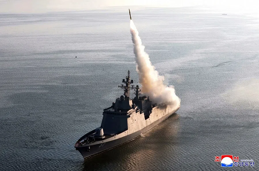 This undated picture released from North Korea’s official Korean Central News Agency (KCNA) via KNS on 30 April 2025 shows the test-firing of a weapons system from the deck of North Korea’s latest destroyer, the Choe Hyon, during two days of tests on 28-29 April off the coast of an undisclosed location in North Korea. (KCNA via KNS/AFP)