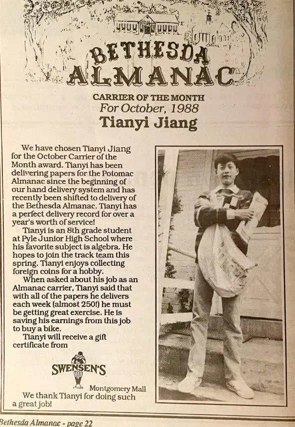 Jiang, an eighth-grader, won "Carrier of the Month” award.