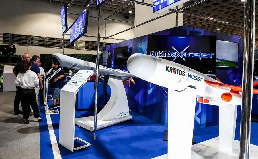 A Mighty Hornet IV, high-speed attack drones developed by the National Chung-Shan Institute of Science and Technology (NCSIST) and US technology company Kratos, is displayed during the Taipei Aerospace & Defense Technology Exhibition in Taipei on 17 September 2025. (I-Hwa Cheng/AFP)