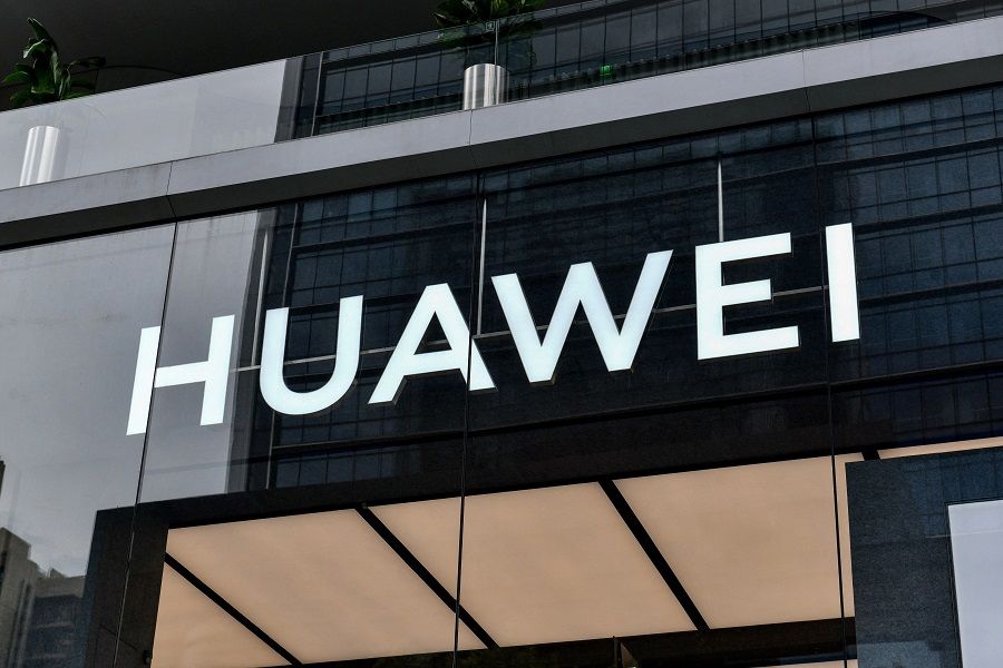 This file photo taken on 31 May 2021 shows a Huawei logo at the flagship store in Shenzhen, Guangdong province, China. (AFP)