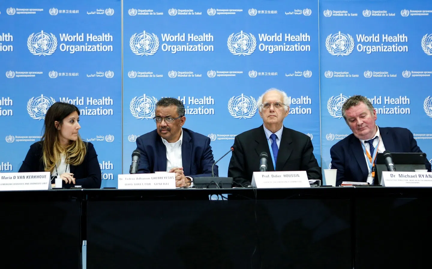 Taiwan has been trying to gain membership into the WHO. In this photo taken on 22 January 2020 in Geneva, (left to right) Dr. Maria D Van Kerkhove, Tedros Adhanom Ghebreyesus, Professor Didier Houssin, and Michael Ryan sit together for a press conference following an emergency committee meeting over 2019-nCoV spreading in China and other nations. (Pierre Albouy/AFP)