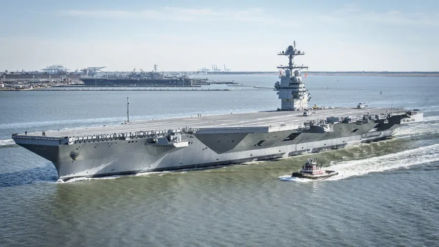 The US Navy aircraft carrier USS Gerald R. Ford (CVN-78) leaving Newport News Shipbuilding, Newport News, Virginia (US), on 8 April 2017. (Wikimedia)