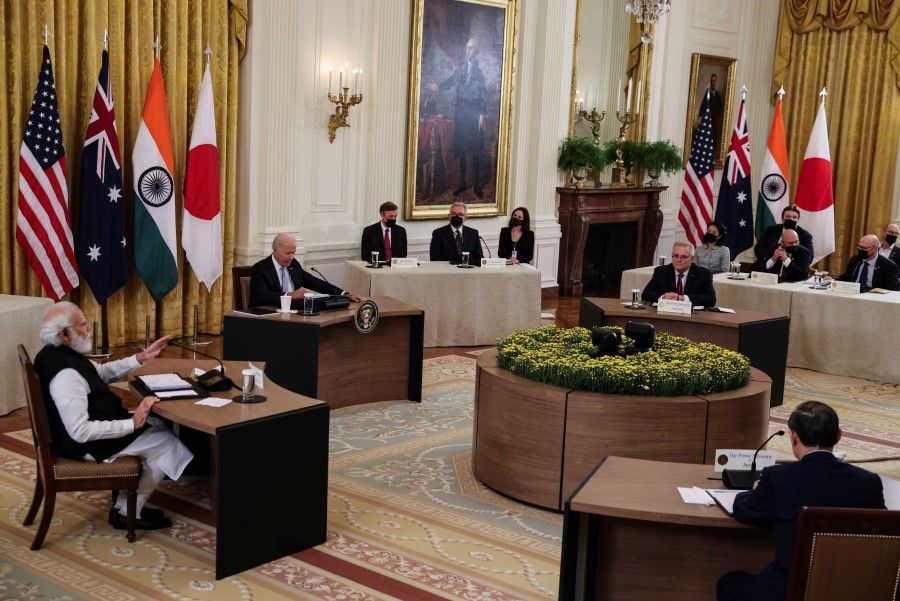 India's Prime Minister Narendra Modi speaks during a "Quad nations" meeting at the Leaders' Summit of the Quadrilateral Framework hosted by US President Joe Biden with Australia's Prime Minister Scott Morrison and Japan's Prime Minister Yoshihide Suga in the East Room at the White House in Washington, US, 24 September 2021. (Evelyn Hockstein/Reuters)