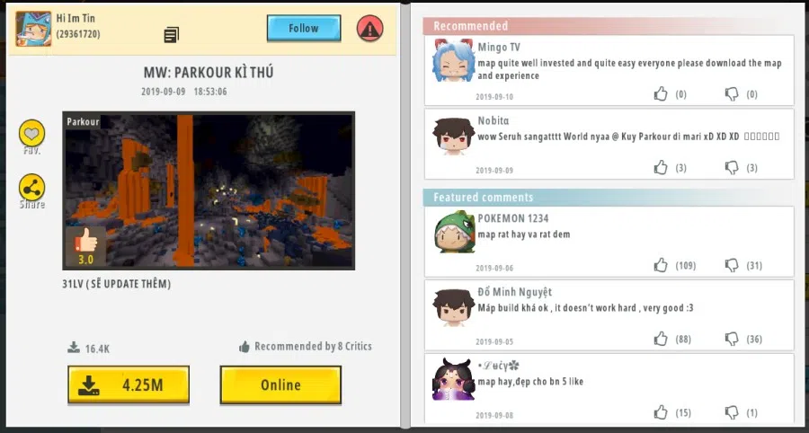 A parkour course by a Mini World player from Vietnam, showing download volume and comments from other users. (Internet/Mini World website)