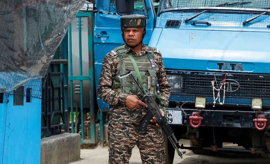 An Indian security force personnel stands guard on a street, following the Pahalgam attack in south Kashmir, in Srinagar, on 5 May 2025.