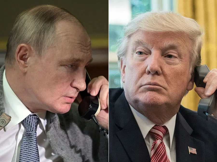This combination of pictures created on 18 March 2025 shows, Russia’s President Vladimir Putin in Strelna, outside St. Petersburg, on 27 December 2021 and US President Donald Trump in the Oval Office at the White House in Washington, DC, on 27 June 2017. Trump and Putin spoke by phone on Tuesday, 18 March 2025, with the White House saying the talks on securing a ceasefire in Moscow’s invasion of Ukraine were “going well”. (Alexey Nikolsky and Nicholas Kamm/AFP)
