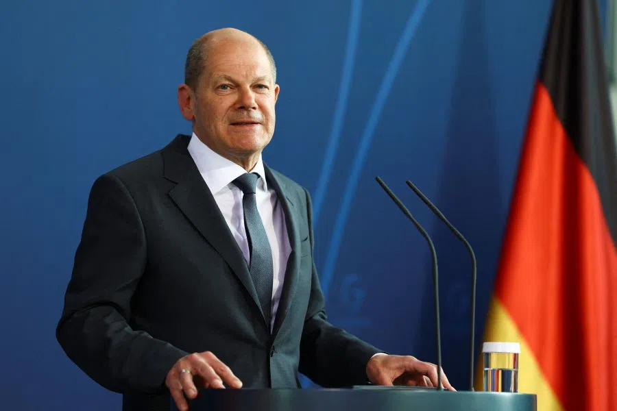 German Chancellor Olaf Scholz addresses a press conference following a video conference with heads of states on Ukraine at the Chancellery in Berlin, on 19 April 2022. (Lisi Niesner/AFP)