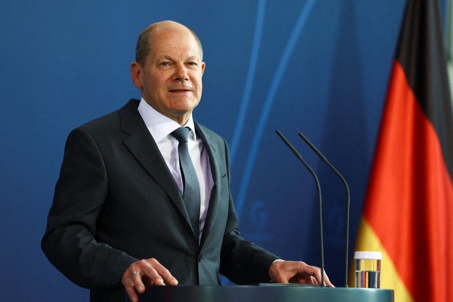 German Chancellor Olaf Scholz addresses a press conference following a video conference with heads of states on Ukraine at the Chancellery in Berlin, on 19 April 2022. (Lisi Niesner/AFP)
