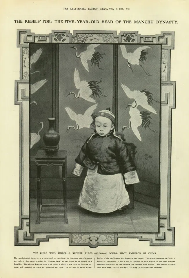 An article on Puyi, the Emperor Xuantong, in The Illustrated London News, 4 November 1911. After the death of Emperor Guangxu, the Empress Dowager Cixi named three-year-old Puyi - the son of Zaifeng, Prince Chun - heir to the throne, with Zaichun as regent. The photo shows Puyi in the home of Prince Chun before taking the throne.