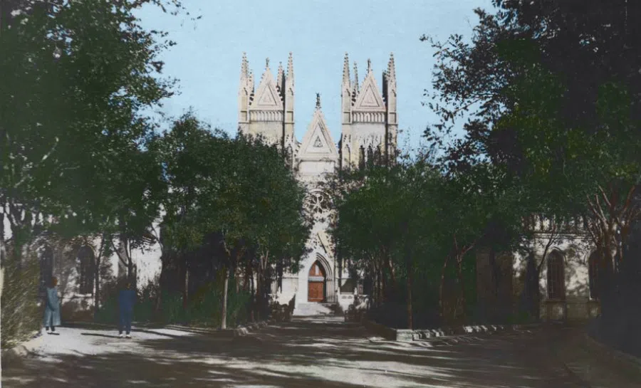 Church of the Saviour, Beijing, 1917. This is the oldest Catholic church in China. It is also known as the "new" Beitang (新北堂), as opposed to the original or "old" Beitang (老北堂), which was built in Canchikou from 1699 to 1703, during the reign of the Emperor Kangxi. Subsequently, the Empress Dowager Cixi felt that the old Beitang allowed "spying" into her palaces from its towers, and so the new Beitang was built in Xishiku. The old Beitang was demolished in 1901, while the new Beitang was badly damaged during the Boxer Rebellion (1899-1901) and was later restored with one storey added. The photo shows the front facade of the new Beitang in 1917.