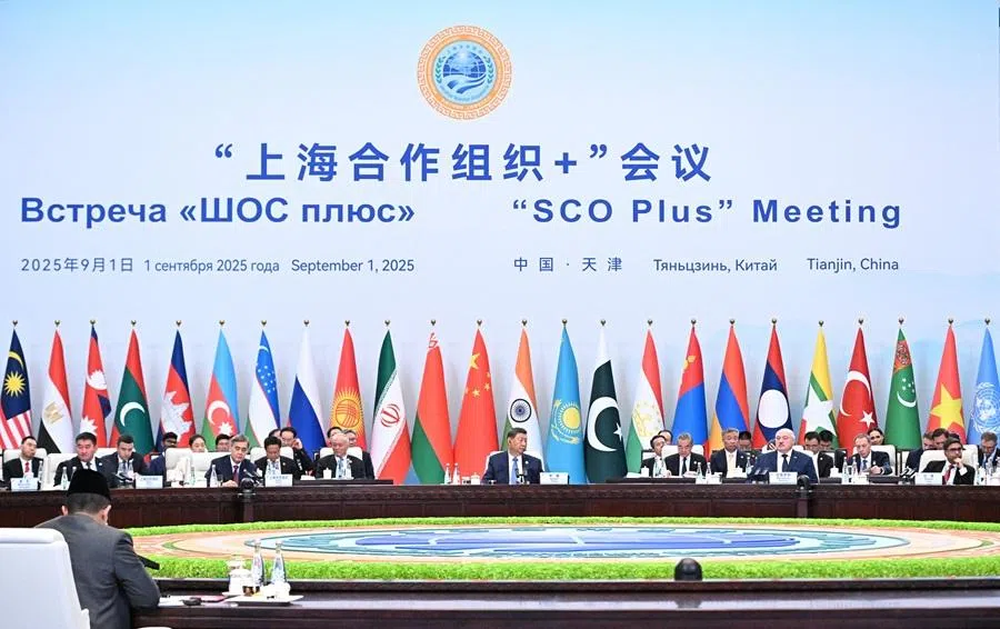 Officials attend a meeting in the SCO Plus format at the Shanghai Cooperation Organisation summit in Tianjin, China, on 1 September 2025. (Sputnik/Sergei Bobylyov/Pool via Reuters)