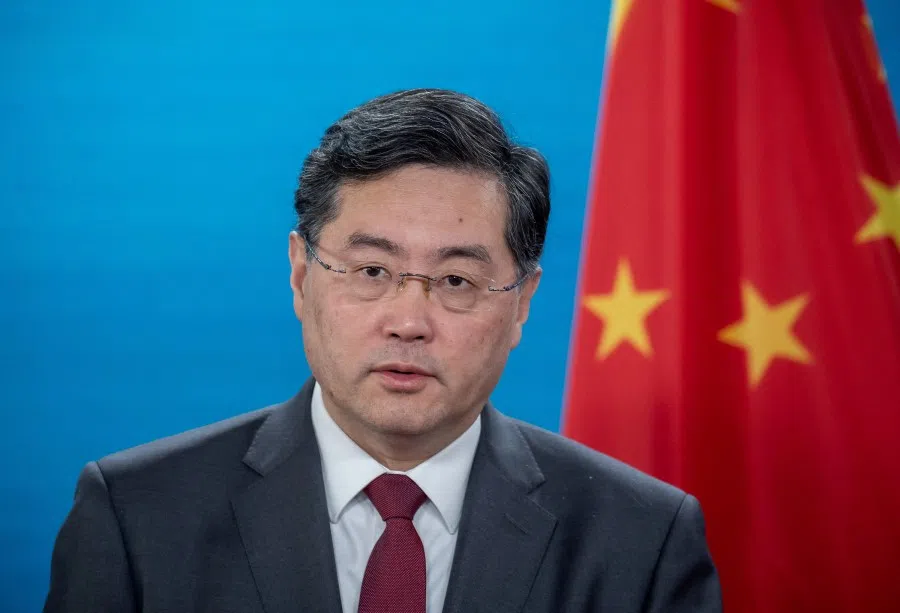 Chinese Foreign Minister Qin Gang takes part in a press conference at the Federal Foreign Office in Berlin, Germany, 9 May 2023. (Michael Kappeler/Pool via Reuters)