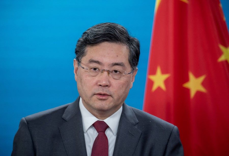 Chinese Foreign Minister Qin Gang takes part in a press conference at the Federal Foreign Office in Berlin, Germany, 9 May 2023. (Michael Kappeler/Pool via Reuters)