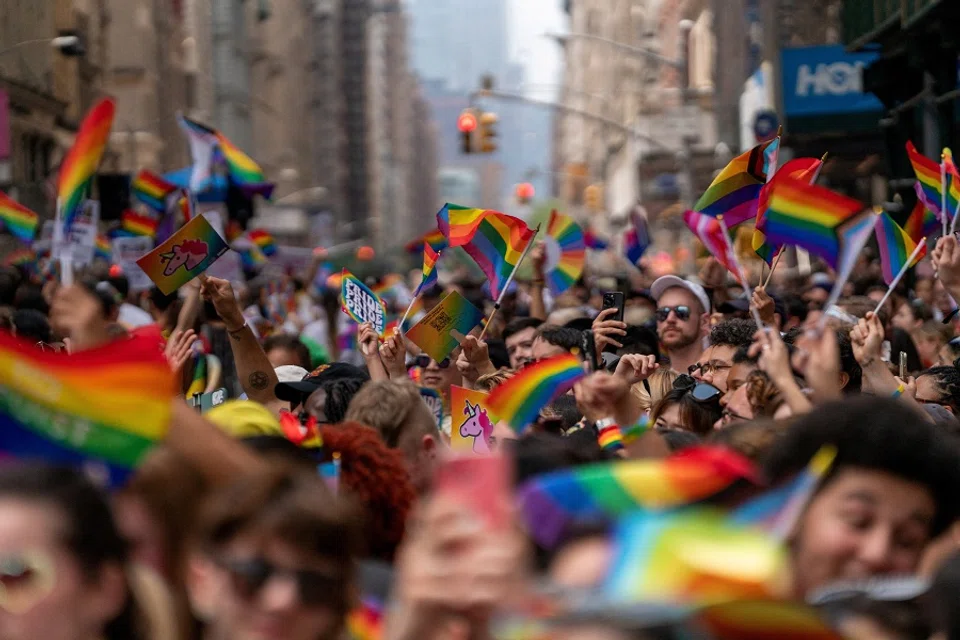 People participate in the 2023 NYC Pride March in Manhattan, New York, on 25 June 2023. (David Dee/Reuters)