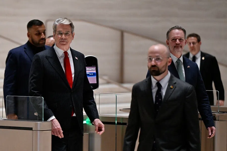 US Treasury Secretary Scott Bessent walks with US trade representative Jamieson Greer, after meeting with China's Vice Premier He Lifeng, at JPMorgan Chase's global corporate headquarters in New York City, US, 20 September 2026.