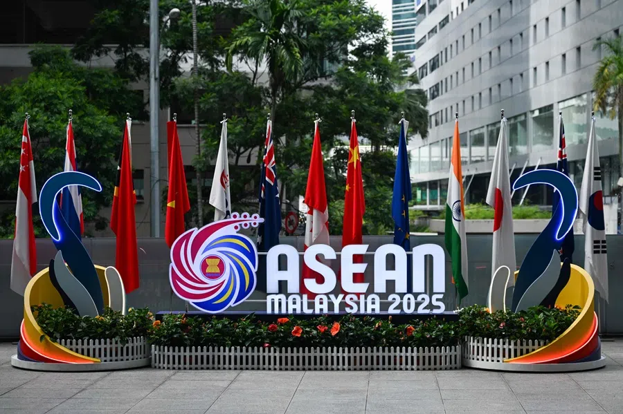 The logo of the Association of Southeast Asian Nations (ASEAN) is pictured ahead of the 47th ASEAN Summit in Kuala Lumpur on 25 October 2025. (Mohd Rasfan/AFP)