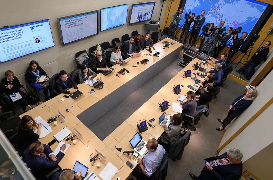 In this file photo taken on 6 March 2020, a general view of the daily press briefing by the WHO on the Covid-19 virus is seen at the WHO headquaters in Geneva. (Fabrice Coffrini/AFP)