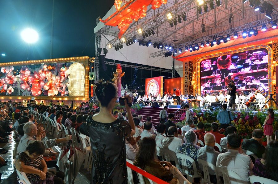 The Nanyang Khek Community Guild's Chinese orchestra performing at The Float@Marina Bay in Singapore, 15 February 2013. (SPH Media)