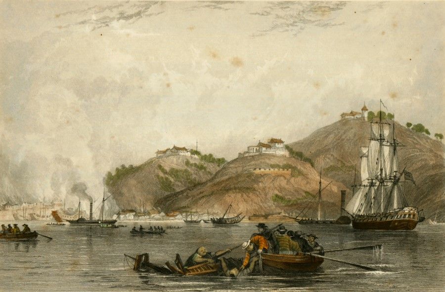 Etching by 19th century British artist Thomas Allom, showing the Battle of Zhapu during the Opium Wars. Zhapu in Hangzhou Bay was where the British landed and faced fierce resistance from the defending troops, leading to far higher casualties than expected for the British. After regrouping in Zhapu, the British troops turned to attack Shanghai and Zhenjiang.