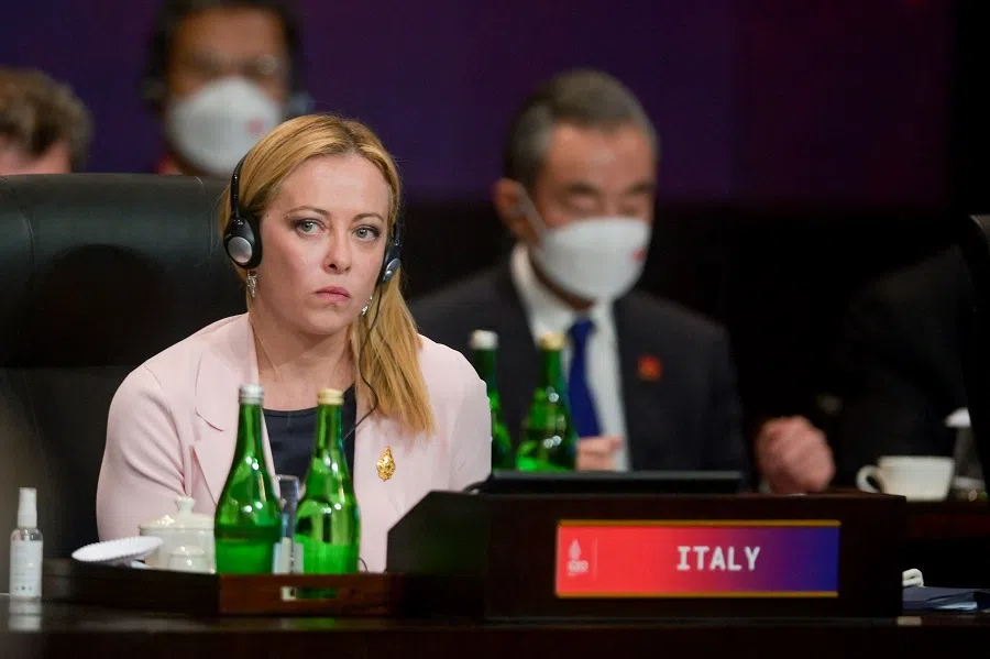 Italy's Prime Minister Giorgia Meloni attends a working session on energy and food security during the G20 Summit in Nusa Dua on the Indonesian resort island of Bali on 15 November 2022. (Bay Ismoyo/Pool/AFP)