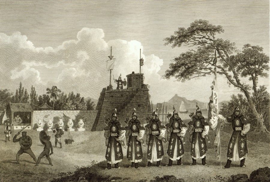 An image by British artist William Alexander showing the British delegation finally reaching the borders of China, where they see a Chinese military outpost. The soldiers are mostly armed with bows and arrows and long swords, and the image also shows the Qing dynasty's elite force, the "tiger soldiers", on the left.