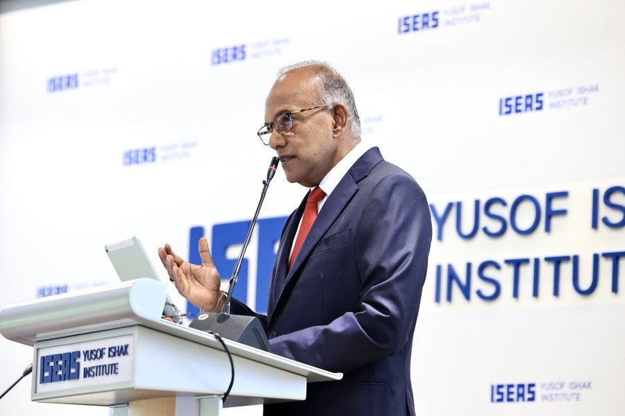 Singapore Home Affairs and Law Minister K Shanmugam delivering the closing keynote speech at a workshop on "The Russia-Ukraine War and Southeast Asia One Year On: Implications and Outlook" at the ISEAS Yusof Ishak Institute, 8 March 2023. (SPH Media)