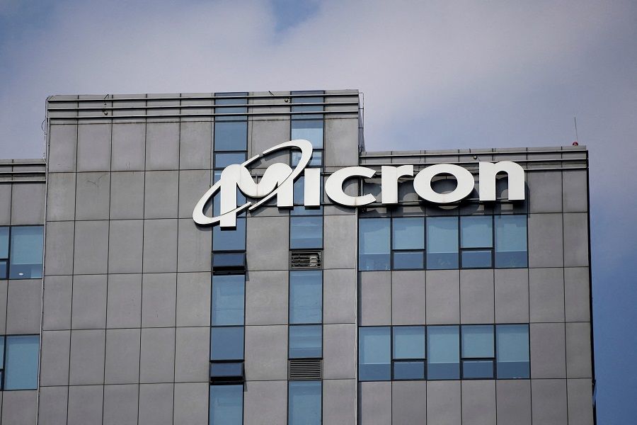 The company logo is seen on the Micron Technology Inc. offices in Shanghai, China, on 25 May 2023. (Aly Song/Reuters)