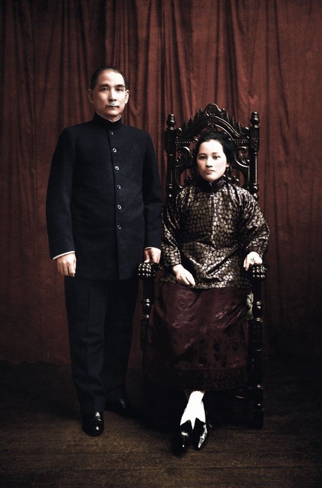 A studio shot of Sun Yat-sen with Soong Ching-ling in Shanghai, 1922. Soong Ching-ling's father Charlie Soong was a long-time supporter of Sun's revolution, and Ching-ling was Sun's secretary during his exile in Japan. They fell in love and got married in Tokyo in 1915.