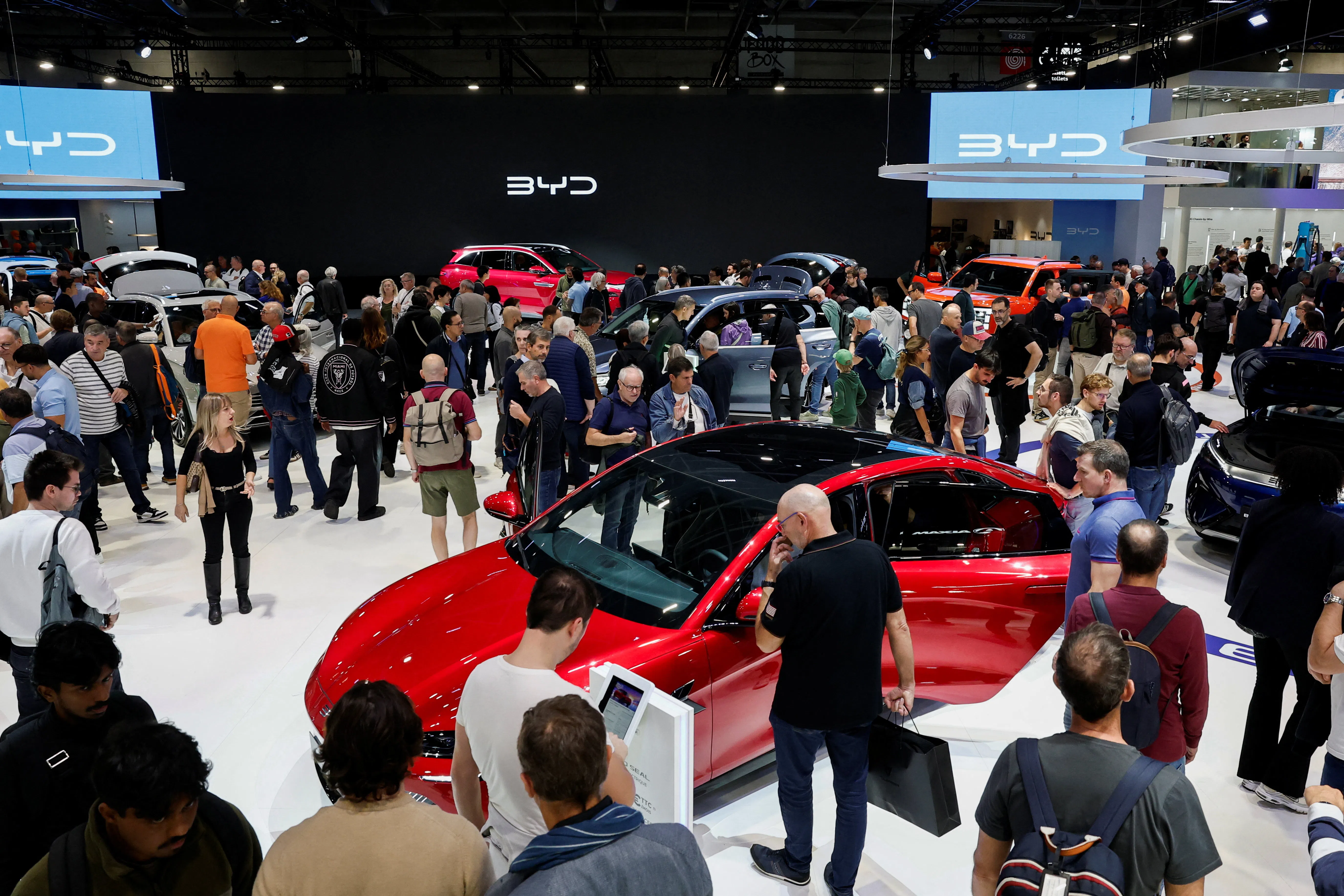 Visitors on the BYD stand at the 2026 Paris Motor Show in Paris, France, on 13 October  2026.