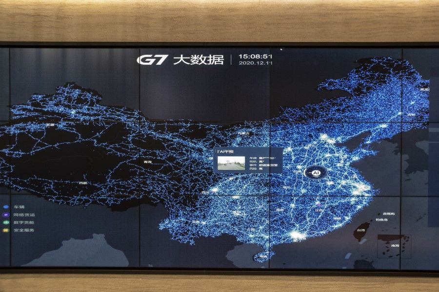 A screen shows real-time data of vehicles connected to G7's fleet-management network at the company's headquarters in Beijing, China, on 12 December 2020. Using Internet of Things technology, G7 can employ anti-fatigue cameras to call out bad driving, built-in advanced driver-assistance systems to send warnings about insufficient space between vehicles on highways, and real-time cargo weighing to prevent stealing. (Gilles Sabrie/Bloomberg)