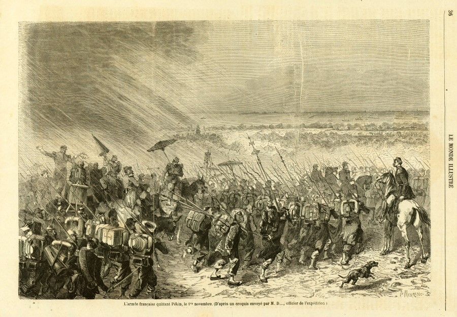 Etching from French publication Le Monde illustré in 1860, showing the victorious British and French troops leaving Beijing amid rain. After the exchange of treaties between China, Britain and France, the Qing court issued an edict asking provinces to stop sending troops to Beijing. Three days later, the allied troops also pulled out of Beijing, and the following spring, they exited Jinzhou, Tianjin, Dinghai, and Guangzhou.