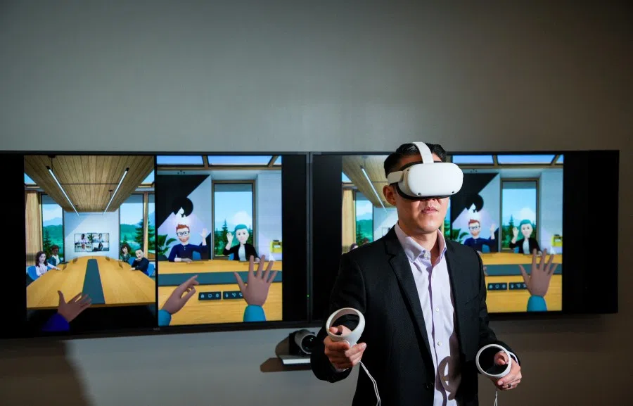 Damian Kim, country director of Meta Singapore, in a VR meeting in Meta's Horizon Workrooms, 11 February 2022. (SPH Media)