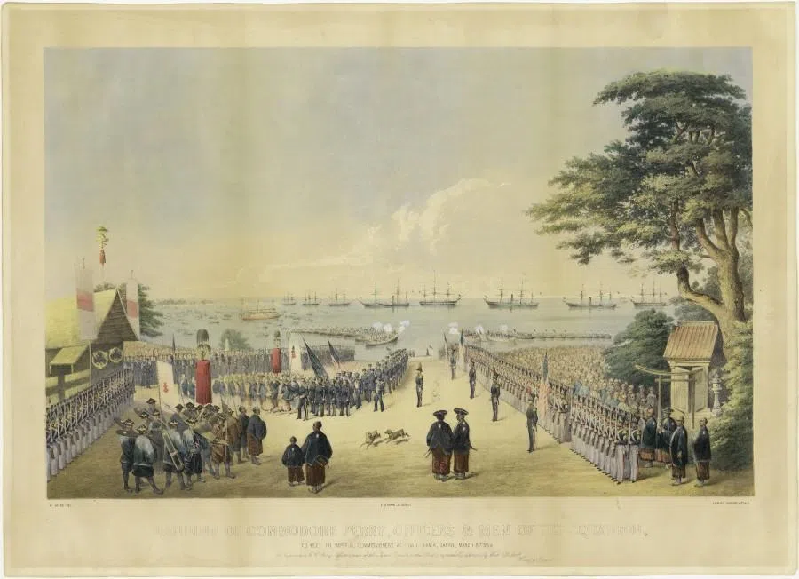 Commodore Matthew C. Perry’s visit of Kanagawa, near the site of present-day Yokohama on 8 March 1854. (Wikimedia)