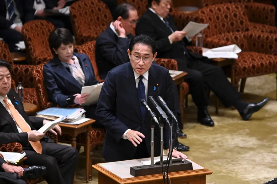 Japan's Prime Minister Fumio Kishida (centre) answers questions during a budget committee session of the upper house at parliament in Tokyo on 27 March 2023. (Kazuhiro Nogi/AFP)