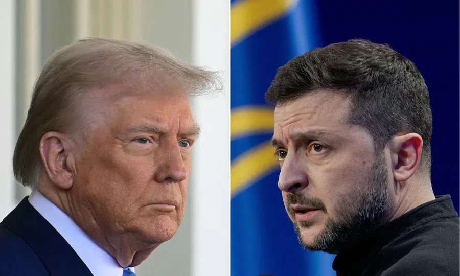 This combination of pictures created on 25 February 2025 shows US President Donald Trump on 24 February 2025, and Ukraine's President Volodymyr Zelenskyy on 23 February 2025.
