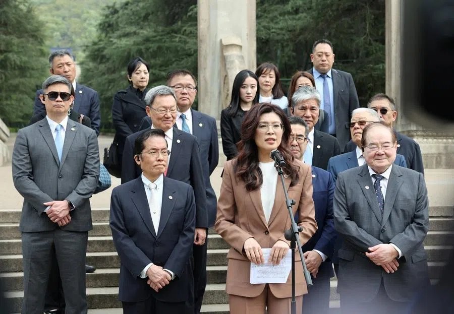 Cheng Li-wun, chairwoman of the Kuomintang (KMT), Taiwan's largest opposition party, speaks upon visiting Sun Yat-sen Mausoleum in Nanjing, Jiangsu province, China, on 8 April 2026. (CNS via Reuters)