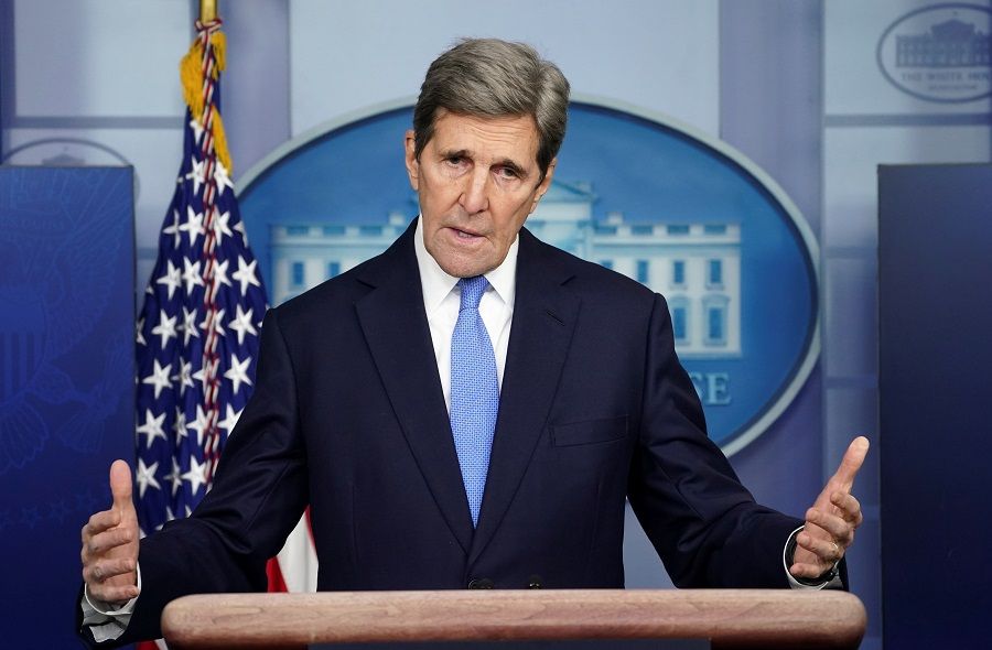 US climate envoy John Kerry speaks at a press briefing at the White House in Washington, US, 27 January 2021. (Kevin Lamarque/Reuters)