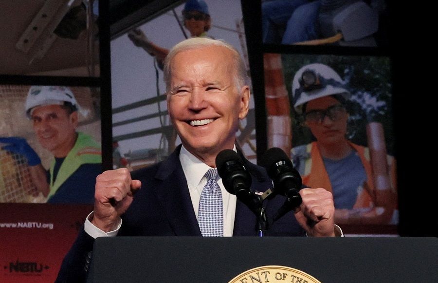 US President Joe Biden, who just announced his re-election campaign for president, delivers remarks at Washington DC, US, 25 April 2023. (Leah Millis/Reuters)