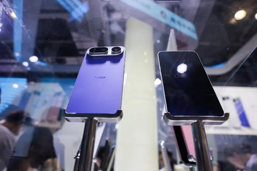 Nubia NaviX Ultra AI-agent smartphones are displayed at the ZTE booth during the World Artificial Intelligence Conference (WAIC) in Shanghai, China, on 18 July 2026.