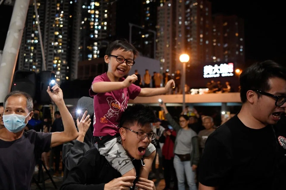 Celebrations following the landslide victory of the pro-democracy camp during the recent district council election in Hong Kong. (Laurel Chor/Reuters)