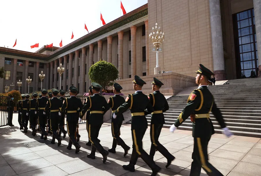 Soldiers march past the square at the opening ceremony of the Belt and Road Forum to mark the tenth anniversary of the Belt and Road Initiative at the Great Hall of the People in Beijing, on 18 October 2023. (Xiaoyu Yin/Reuters)