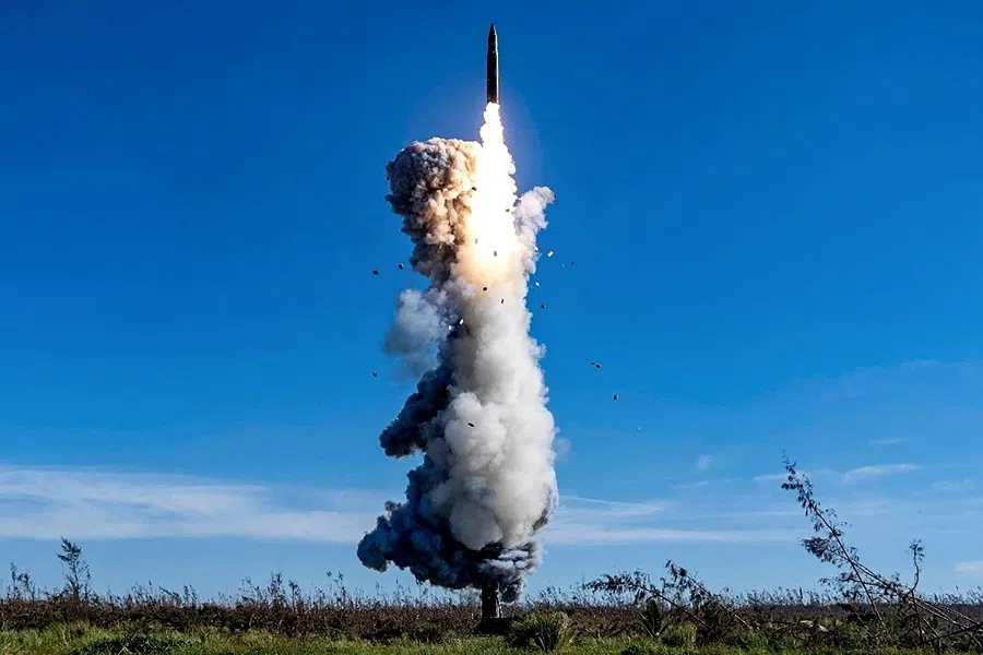 This handout photograph taken on 25 September 2024 and released by the Chinese People’s Liberation Army News and Communication Center on 26 September 2024, shows the Chinese People’s Liberation Army Rocket Force launching an intercontinental ballistic missile carrying a dummy warhead into the Pacific Ocean, at an undisclosed location. (Handout/Chinese People’s Liberation Army News and Communication Center/AFP)