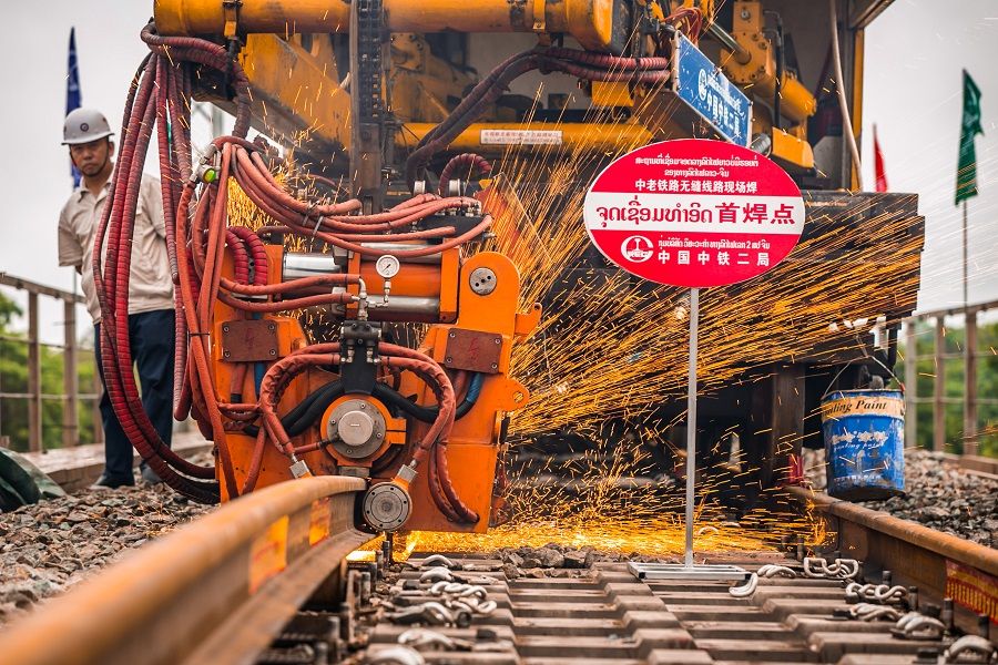 In this photo taken on 18 June 2020, welding works can be seen at the China-Laos railway construction site. (Kai Qiao/Xinhua)