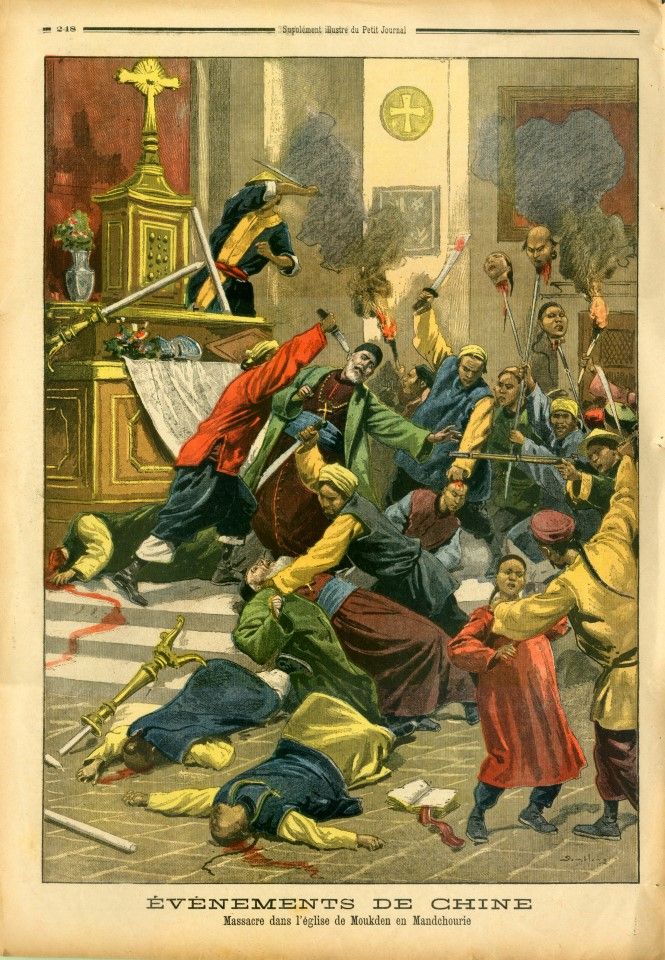 A colour supplement of Le Petit Journal from 1900 shows the Boxers destroying churches, and killing foreign missionaries and local churchgoers.